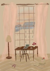 Illustrazione di una vista dalla finestra a Parigi con una scrivania rustica da Katharina Puritscher