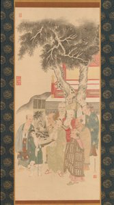 Dieci Rakan che esaminano un dipinto di Kannon in abito bianco da Kato Nobukiyo