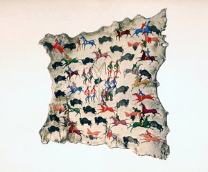 Pelle di alce degli indiani Shoshone nordamericani, che mostra la caccia al bufalo da Katsikodi