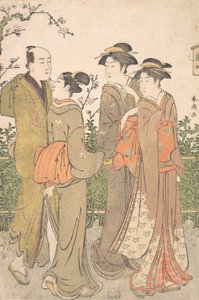 Un gruppo di tre donne accompagnate da un servitore da Katsukawa Shuncho
