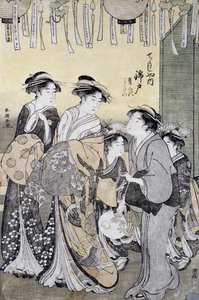 Cortigiana Nishikido della casa da tè Chojiya circondata dalle sue dame, fine XVIII secolo, arte ukiyo-e, di Katsukawa Shuncho (dettaglio) da Katsukawa Shuncho