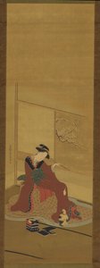 Interno: una ragazza e un gattino, periodo Edo, fine XVIII secolo da Katsukawa Shuncho
