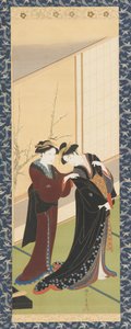Interno: una donna aiuta una ragazza a vestirsi, periodo Edo, 1726-1792