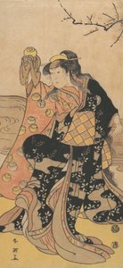 Il quarto Iwai Hanshiro come donna che tiene una sfera di cristallo e danza sulla riva