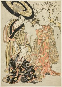 Gli attori Iwai Hanshirô IV, Ichikawa Monnosuke II e Sakata Hangorô III in "Fiocchi di neve: Alzare lo standard a Izu" ("Mutsu no Hana Izu no Hataage") da Katsukawa Shunkо̄