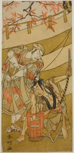 Gli attori Ichikawa Raizo II nel ruolo di Kojiro Masahira (a destra) e Ichikawa Danzo IV nel ruolo di Doi no Yataro (a sinistra), nello spettacolo Kaomise Ama no Iwato, rappresentato al Teatro Nakamura nell
