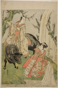 Gli attori Segawa Kikunojo III nel ruolo della principessa Hatsune (Hatsune Hime) (a destra) e Ichikawa Monnosuke II nel ruolo di Miyukinosuke Yukinari, nello spettacolo Otokoyama Furisode Genji, rappresentato al Teatro Kiri nell