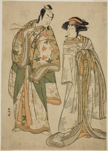 Gli attori Segawa Kikunojo III nel ruolo della cortigiana Sumizome (a destra) e Ichikawa Monnosuke II nel ruolo di Goinosuke Yoshimine (a sinistra), nello spettacolo Juni-hitoe Komachi-zakura, rappresentato al Teatro Kiri nell