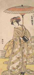 Mimasu Tokujuro come una donna in piedi vicino a un ruscello tortuoso da Katsukawa Shunko