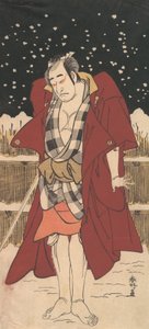 Onoe Matsusuke come uomo armato di spada, in piedi nella neve davanti a una recinzione