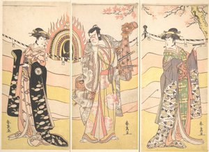 Tre Attori in Bellissimi Costumi che Eseguono una Danza Religiosa da Katsukawa Shunsen