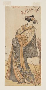 Attore Segawa Tomisaburo II come una alta cortigiana in piedi in una stanza da Katsukawa Shunsho