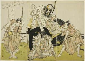 Gli attori Nakajima Mihoemon II nel ruolo di Fujiwara no Shihei, Ichikawa Ebizô III nel ruolo di Matsuo-maru, Ichikawa Yaozô II nel ruolo di Sakura-maru e Ichimura Uzaemon IX nel ruolo di Umeo-maru in "I segreti della calligrafia di Sugawara" ("Sugawara de da Katsukawa Shunsho