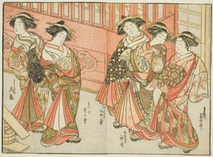 Cinque Cortigiane di Varie Case, dal libro "Specchio delle Belle Donne dei Quartieri del Piacere (Seiro bijin awase sugata kagami)," vol. 3