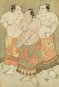 Ritratti a Figura Intera dei Lottatori Nishikigi, Todagawa e Iwagaseki che si Presentano nel Ring da Katsukawa Shunsho