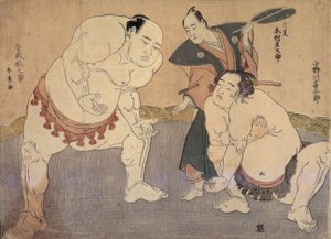 Onagawa Kisaburo e Tanikaze Kajinosuke eseguono lo Shiriki nel Dohyo, arbitrati da Kimura Shonosuke da Katsukawa Shunsho