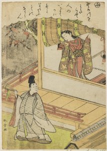 Scena 4: Dama di corte che parla con un cortigiano su una veranda, fine XVIII secolo da Katsukawa Shunsho