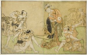 Gli attori Bando Zenji I come Nagahashi Saburo, Iwai Hanshiro IV come Otatsu-gitsune, Nakamura Konozo come Hagai Ujitsune e un attore non identificato (da destra a sinistra), nella commedia Nue no Mori Ichiyo no Mato, rappresentata al Teatro Nakamura nell