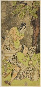 Gli attori Ichikawa Danzo III come I no Hayata Tadazumi (destra), e Matsumoto Koshiro II come Osada no Taro Kagemune (sinistra), nella commedia Nue no Mori Ichiyo no Mato, rappresentata al Teatro Nakamura nell