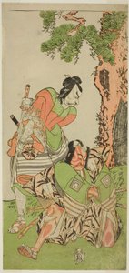 Gli attori Ichikawa Danzo III come I no Hayata Tadazumi (destra), e Matsumoto Koshiro II come Osada no Taro Kagemune travestito da Yatsurugi Zaemon (sinistra), nella commedia Nue no Mori Ichiyo no Mato, rappresentata al Teatro Nakamura nell
