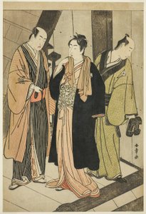 Gli attori Ichikawa Monnosuke II (sinistra), Iwai Hanshiro IV (centro) e Iwai Karumo (?) (destra), su un molo dietro le quinte da Katsukawa Shunsho
