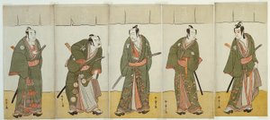 Gli attori Ichikawa Monnosuke II nel ruolo di Karigane Bunshichi, Bando Mitsugoro I nel ruolo di An no Heibei, Ichikawa Danjuro V nel ruolo di Gokuin Sen