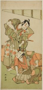 Gli attori Ichikawa Yaozo II come Konoshita Hyokichi (?), e Sakata Hangoro II come Matsunaga Daizen Hisahide (?), nella commedia Gion Sairei Shinko Ki (?), rappresentata al Teatro Ichimura (?) nel quinto mese del 1775 (?) da Katsukawa Shunsho