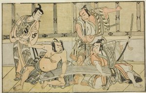 Gli Attori Ichikawa Yaozo II come Kujaku no Saburo, Matsumoto Koshiro II come Hata no Daizen Taketora, Nakajima Mihoemon II come Aramaki Mimishiro, e Nakamura Shocho I come Ki no Tsurayuki (da destra a sinistra), nella commedia Kuni no Hana Ono no Itsumoji da Katsukawa Shunsho