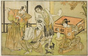 Gli attori Iwai Hanshiro IV come Otatsu-gitsune, Nakamura Nakazo I come Raigo Ajari, Sakata Tojuro III come Kamada Gon-no-kami Masayori, e Ichikawa Yaozo II come Sakon-gitsune (da destra a sinistra), nella commedia "Nue no Mori Ichiyo no Mato," rappresenta da Katsukawa Shunsho
