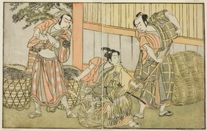 Gli attori Kasaya Matakuro II come Hagun Taro (destra), Ichikawa Monnosuke II come Izutsu no Suke Narihira (centro), e Nakamura Nakazo I come Kose no Kanaoka travestito da Sogoro il carbonaro, nella commedia Kuni no Hana Ono no Itsumoji, rappresentata al N da Katsukawa Shunsho