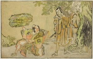 Gli attori Matsumoto Koshiro II come Osada no Taro Kagemune travestito da taglialegna Gankutsu no Gorozo (destra), e Ichikawa Danzo III come I no Hayata Tadazumi (sinistra), nella commedia Nue no Mori Ichiyo no Mato, rappresentata al Teatro Nakamura nell