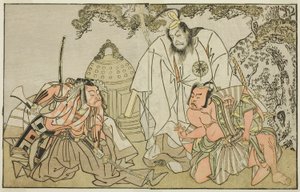 Gli attori Nakajima Mihoemon II come Aramaki Mimishiro (destra), Matsumoto Koshiro II come Otomo no Yamanushi (centro), e Ichikawa Danzo III come Hannya no Goro (sinistra), nella commedia Kuni no Hana Ono no Itsumoji, rappresentata al Teatro Nakamura nell