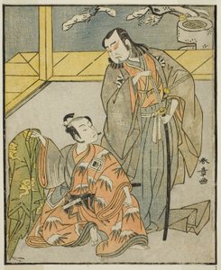 Gli attori Nakamura Denkuro II come Suma no Dairyo (a destra), e Ichikawa Komazo II come Ariwara no Yukihira (a sinistra), nel dramma Kuni no Hana Ono no Itsumoji, rappresentato al Teatro Nakamura nell
