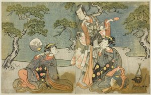 Gli attori Nakamura Nakazo I come Matsukaze (destra), Ichikawa Komazo II come Ariwara no Yukihira (centro), e Iwai Hanshiro IV come Murasame (sinistra), nella commedia Kuni no Hana Ono no Itsumoji, rappresentata al Teatro Nakamura nell