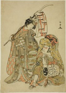 Gli attori Nakamura Nakazo I come Onmaya Kisanda vestito da Kakubei il danzatore del leone (Kakubei-jishi) (destra) e Segawa Kikunojo III come Shizuka Gozen (sinistra), nella sequenza di danza "Myoto-zake Kawaranu Nakanaka" (Armonia eterna della coppa matr da Katsukawa Shunsho