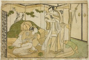 Gli Attori Nakamura Nakazo I come Taira no Kiyomori (destra), e Yamashita Kinsaku II come Tokiwa Gozen (sinistra), nella Commedia Nue no Mori Ichiyo no Mato, Rappresentata al Teatro Nakamura nell