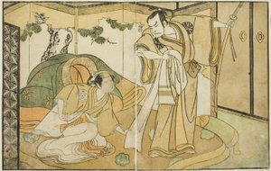 Gli attori Nakamura Nakazo I come Taira no Kiyomori (destra), e Yamashita Kinsaku II come Tokiwa Gozen (sinistra), nella commedia Nue no Mori Ichiyo no Mato, rappresentata al Teatro Nakamura nell