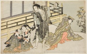 Gli attori Nakamura Noshio I come Nyosan no Miya (destra), Ichikawa Danjuro V come il monaco rinnegato Yochin (centro), e Yamashita Kinsaku II come la cameriera Mutsuhana (sinistra), nella commedia Fuki Kaete Tsuki mo Yoshiwara, rappresentata al Teatro Mor da Katsukawa Shunsho