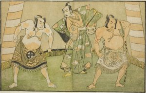 Gli attori Nakamura Sukegoro II come Matano no Goro (destra), Onoe Kikugoro I come Soga no Taro (centro), e Otani Hiroji III come Kawazu no Saburo (sinistra), nella commedia Myoto-giku Izu no Kisewata, rappresentata al Teatro Ichimura nell