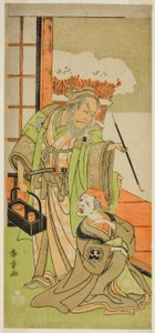 Gli attori Nakamura Utaemon I come Karashi Baba (a destra), e Ichikawa Danjuro IV come Sanshodayu (a sinistra), nella commedia Kawaranu Hanasakae Hachi no Ki, rappresentata al Teatro Nakamura nell