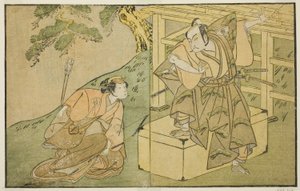 Gli attori Onoe Matsusuke I come Akaboshi Taro (a destra), e Azuma Tozo II come Shirotae (a sinistra), nella commedia Kono Hana Yotsugi no Hachi no Ki, rappresentata al Teatro Ichimura nell
