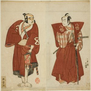 Gli attori Onoe Matsusuke I come Yawata no Saburo (destra), e Otani Tomoemon I come Yakko Emohei (sinistra), nella commedia Myoto-giku Izu no Kisewata, rappresentata al Teatro Ichimura nell