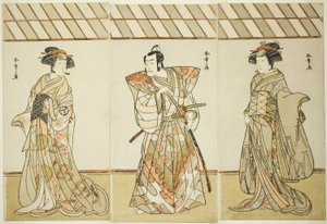 Gli attori Onoe Tamizo I come Nishikigi (?) o Otae (?) (destra), Ichikawa Danjuro V come Miura Heidayu Kunitae (?) (centro), e Osagawa Tsuneyo II come Oyuki (?) (sinistra), nella commedia Date Nishiki Tsui no Yumitori (?), rappresentata al Teatro Morita (? da Katsukawa Shunsho