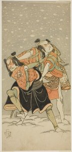 Gli attori Otani Hiroji III come Kameo (a destra), e Sakata Sajuro I come Ario (a sinistra), nella commedia Hime Komatsu Ne no Hi Asobi, rappresentata al Teatro Ichimura nel nono mese del 1768