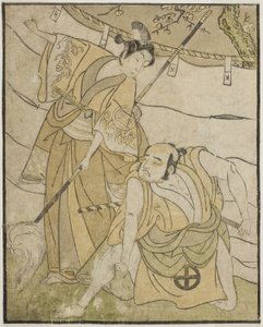 Gli Attori Otani Tomoemon I come Emohei (destra), e Sanogawa Ichimatsu II come Sanada Yoichi (sinistra), nella Commedia Myoto-giku Izu no Kisewata, Rappresentata al Teatro Ichimura nell