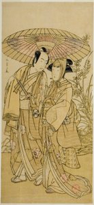 Gli Attori Segawa Kikunojo III (destra) come Ochiyo, e Bando Mitsugoro I (sinistra) come il Fruttivendolo Hambei, nella Commedia Kabuki no Hana Bandai Soga, Rappresentata al Teatro Ichimura nel Quarto Mese, 1781
