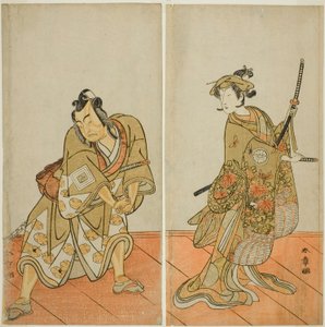 Gli attori Segawa Kikunojo III come Aigo no Waka (destra), e Ichikawa Yaozo II come Hachio-maru Aratora (sinistra), nella commedia Chigo Sakura Jusan Kane, rappresentata al Teatro Ichimura nell
