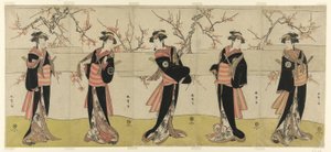 Gli attori Segawa Kikunojo III come Karigane Obun, Nakayama Tomisaburo I come An no Oyasu, Iwai Kiyotaro II come Kaminari no Osha, Nakayama Tatezo I come Gokuin no Osen, e Ichikawa Monnosuke II come Hotei no Oichi (da destra a sinistra), in "Gonin Onna," S