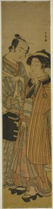 Gli attori Segawa Kikunojo III come Okoma (destra), e Arashi Sangoro III come il parrucchiere Obana Saizaburo (sinistra), nella commedia Koi Musume Mukashi Hachijo, rappresentata al Teatro Nakamura nel terzo mese, 1776