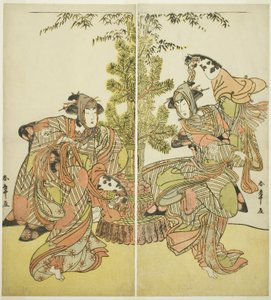 Gli attori Segawa Kikunojo III come Yasukata (destra), e Iwai Hanshiro IV come Utou (sinistra) nella commedia Godai Genji Mitsugi no Furisode, rappresentata al Teatro Nakamura nell
